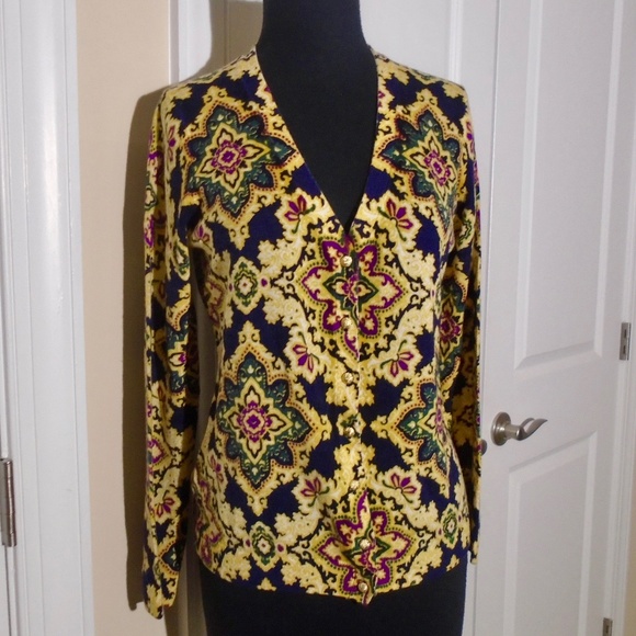 TALBOTS Printed Merino Wool Cardigan S-M Petite - Picture 1 of 8